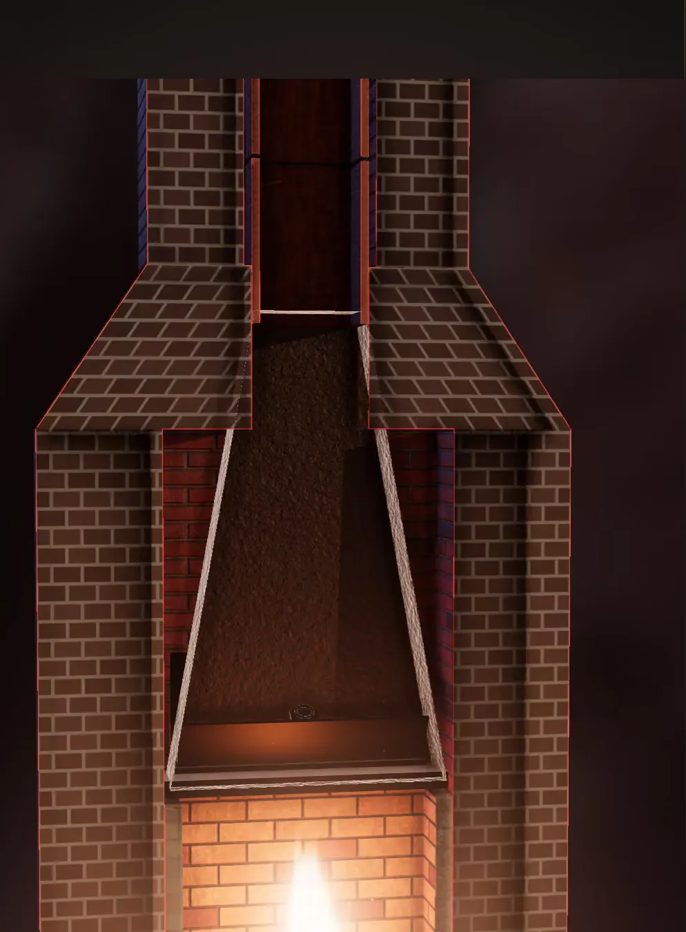 An illustration of the smoke chamber above a fireplace opening, where creosote settles
