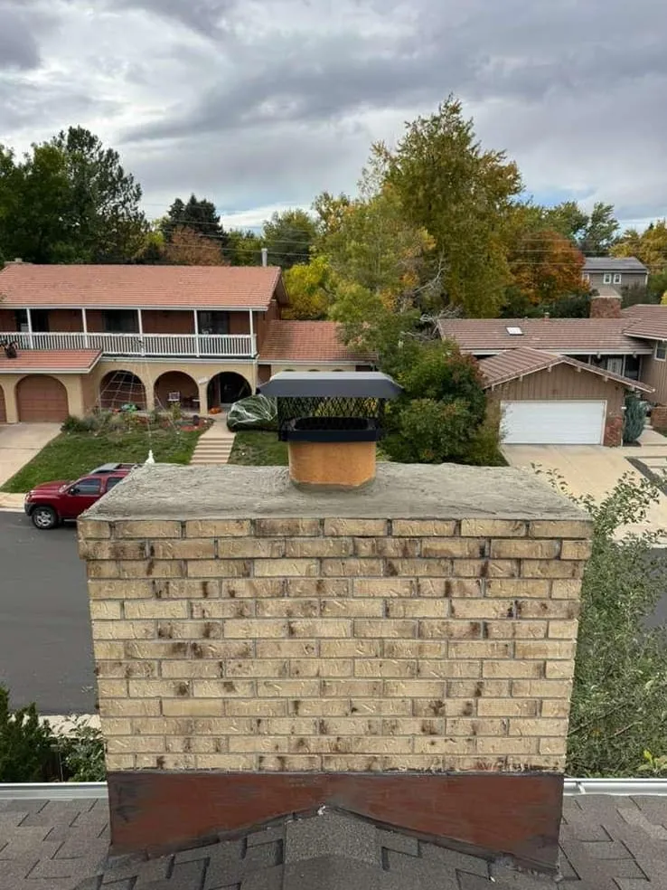 A buff brick chimney with a grey concrete top and a black mesh cap, a brown metal band at its foot, above a street of two-storey houses and autumn trees